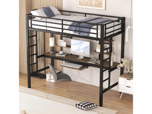 Lit mezzanine 90x200cm - avec bureau et étagères - cadre en métal - Noir YFPP88473