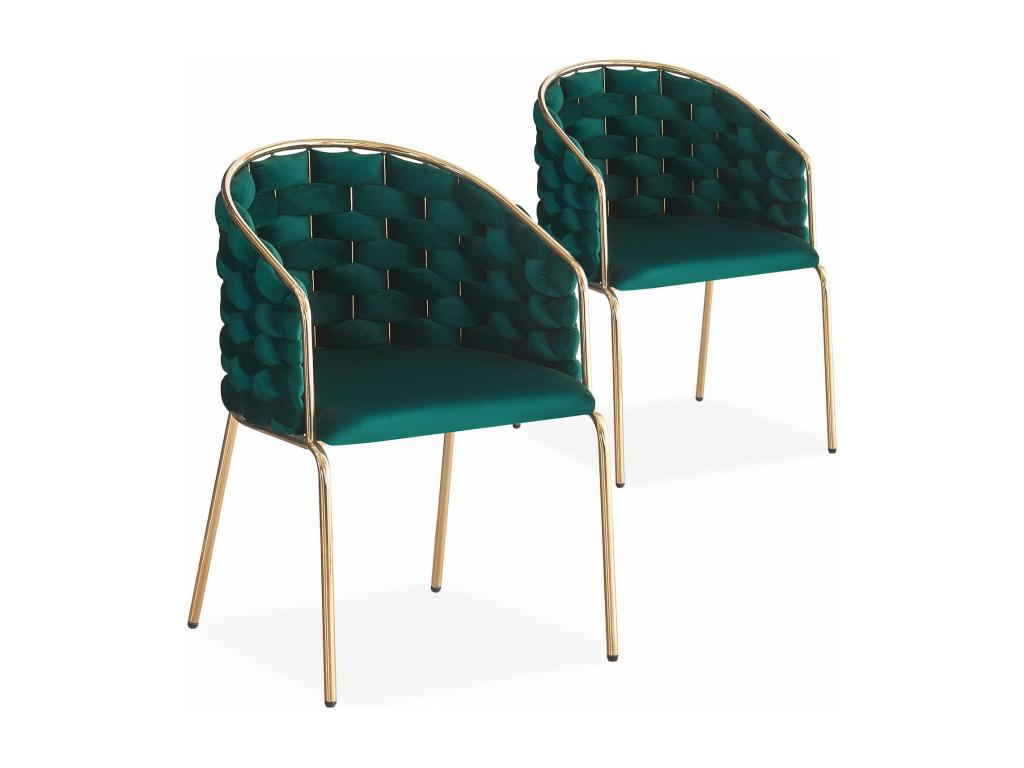 Lot de 2 chaises design au dossier arrondi style maillage Tricotane Velours Vert et Métal Or OPXW34697