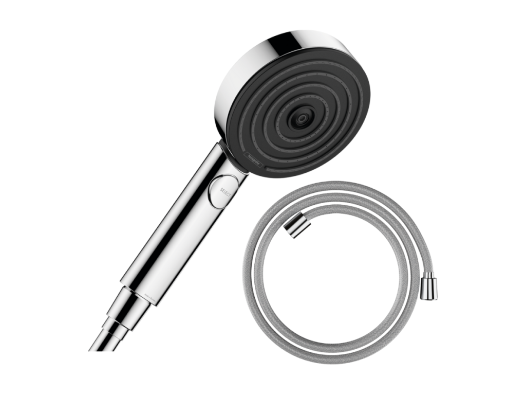 Pommeau de douche Meublori Pulsify Select EcoSmart 105 3 jets détente chromé flexible de douche Meublori Designflex 200 cm chromé