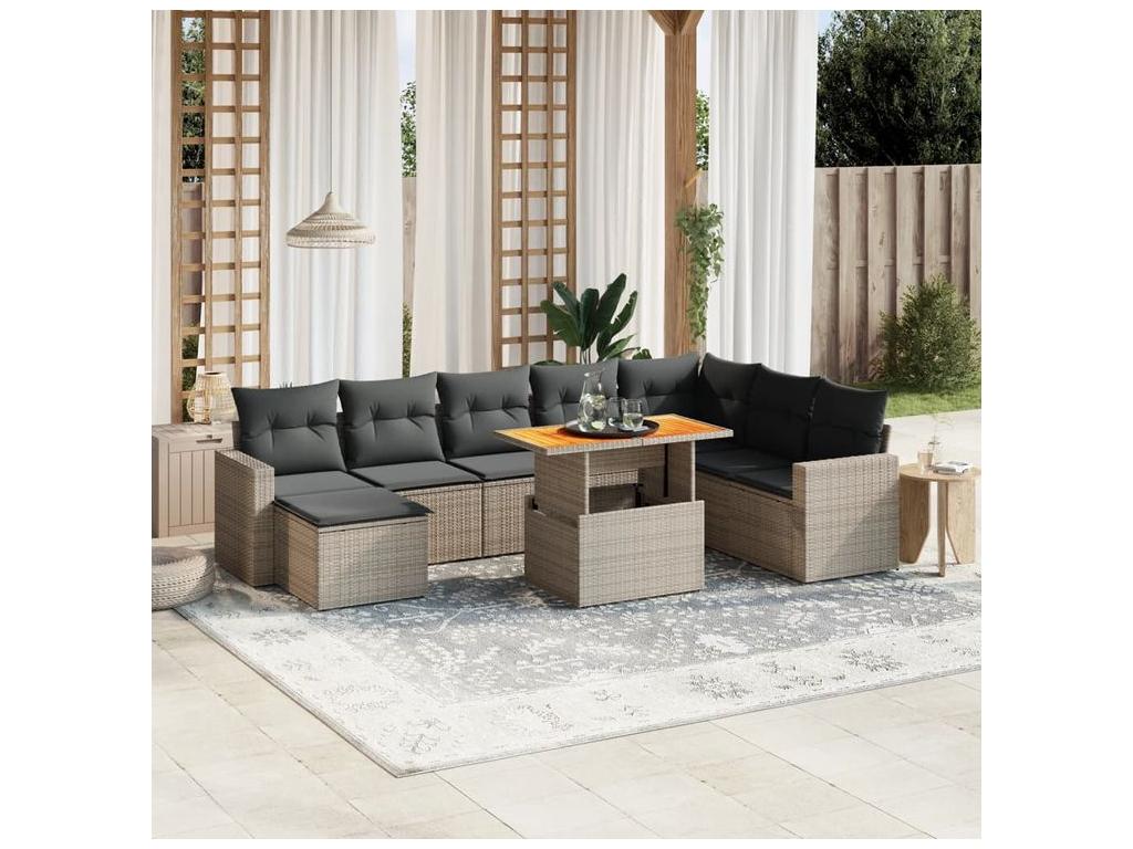 Salon de jardin 9 pcs avec coussins gris résine tressée QLPV20930