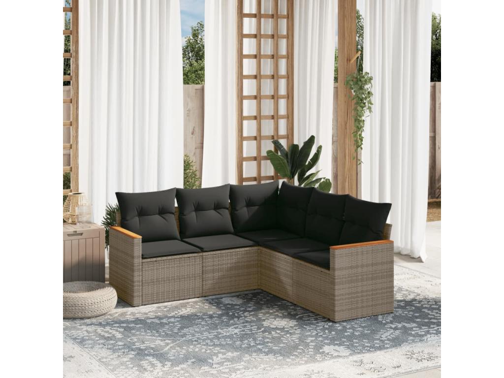 Salon de jardin 5 pcs avec coussins gris résine tressée JNFD89273