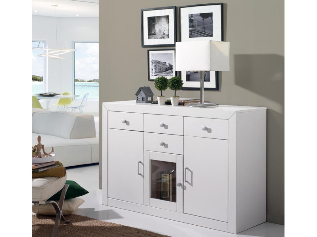 Buffet meuble de rangement en MDF et pin massif laqué blanc - Longueur 130 x Profondeur 42 x Hauteur 86 cm UEAD28589