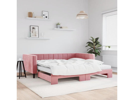 Lit de jour avec lit gigogne et matelas rose 100x200 cm velours BCLH36929