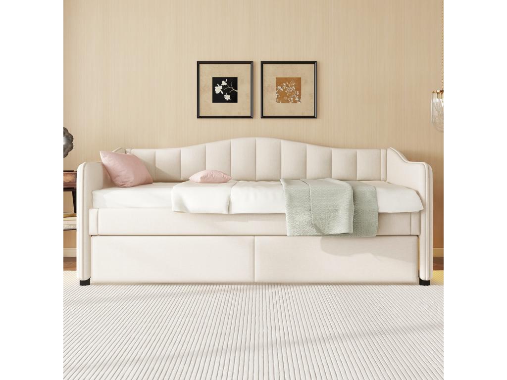 Lit banquette 90x200cm avec LED lit gigogne 90x190cm - rembourré en tissu lin - Matelas beige non inclus EIKH74871