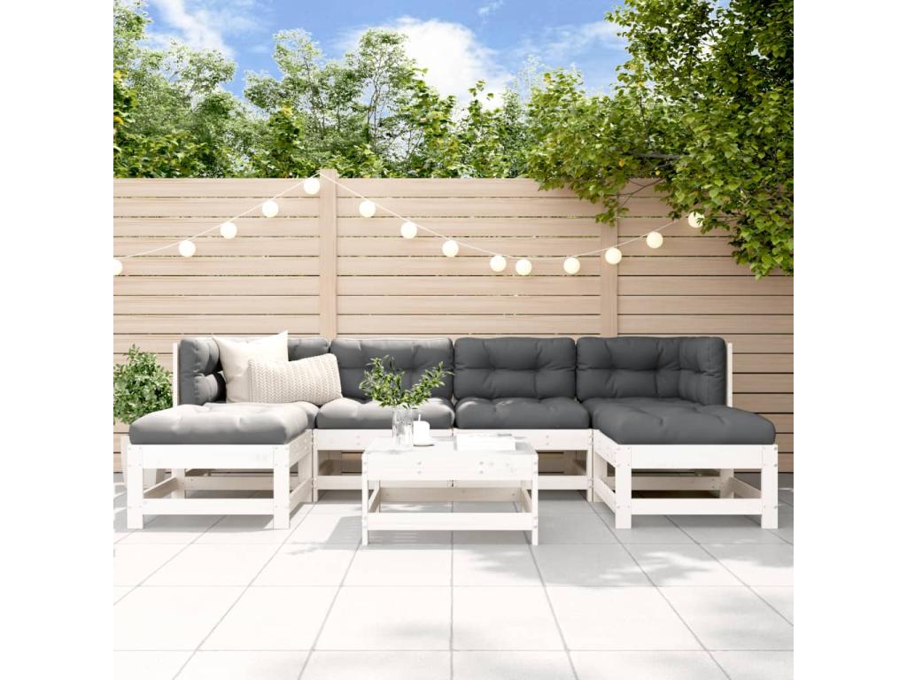 Salon de jardin 7 pcs avec coussins blanc bois massif SSQX90305