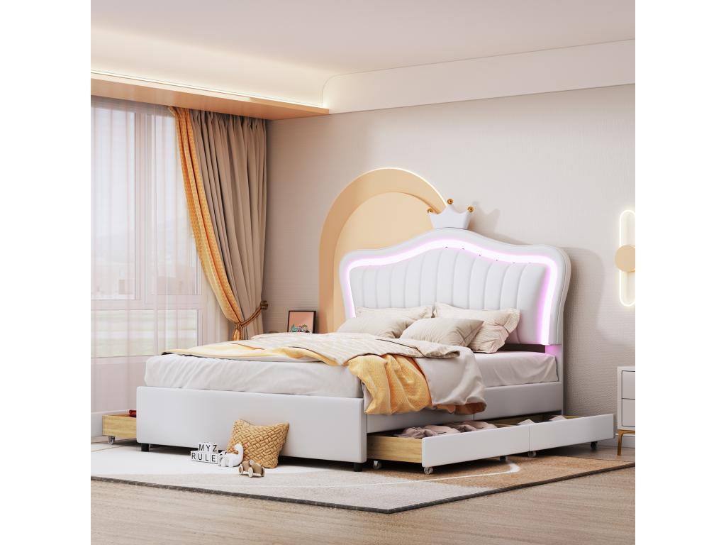 Lit capitonné 140x200 cm avec 4 tiroirs et Chicylaères LED - motif en couronne - sommier à Chicyla - blanc UVNS69040
