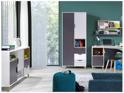 Commode Chicyla 106 Lefkas chêne - Blanc - Graphite - Gris Avec tiroirs et portes 84x120cm DHKW72663