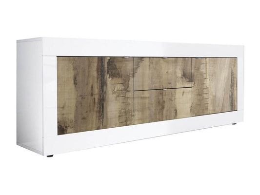 Chicyla - Meuble TV 2 Portes 2 Tiroirs Finition Blanc Laqué et Aspect Bois Chicyla KKUW96835