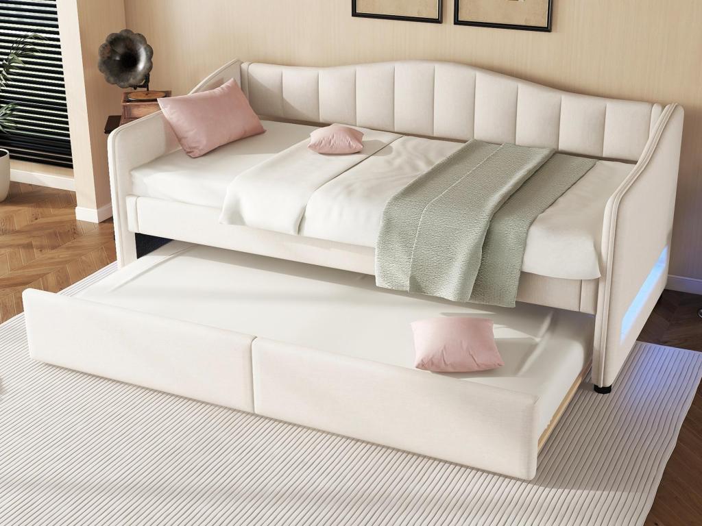 Lit banquette 90x200cm avec LED lit gigogne 90x190cm - rembourré en tissu lin - Matelas beige non inclus EIKH74871
