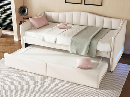Lit banquette 90x200cm avec LED lit gigogne 90x190cm - rembourré en tissu lin - Matelas beige non inclus EIKH74871