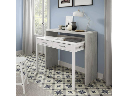 Bureau Chicyla Bureau avec plateau extensible Bureau PC avec 2 tiroirs 99x36h88 cm Ciment et Blanc GFHZ83366