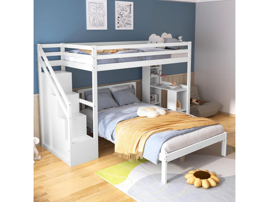 Lits superposés 90x200 cm 120x200 cm avec étagères latérales et 4 tiroirs - pin MDF - blanc