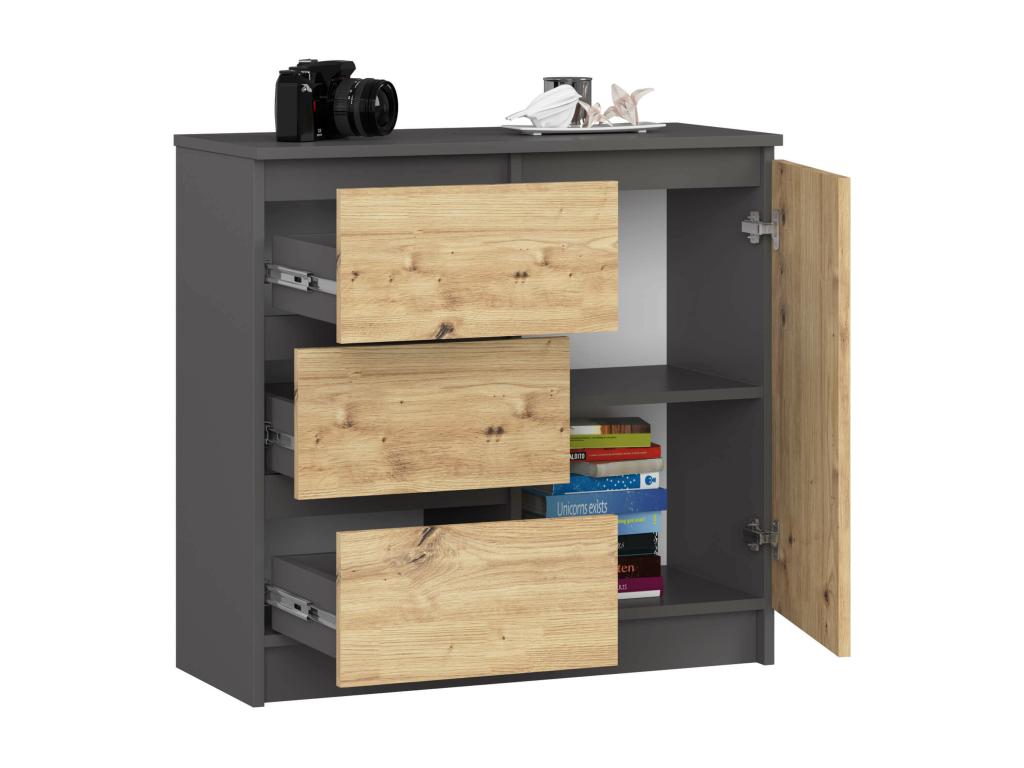 Commode Chicyla Gris Graphite 80 cm 1 porte 3 tiroirs façade Chêne Chicyla 2 étagères 80x35x77 cm SJEX43849