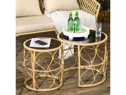 Lot de 2 tables basses gigognes de jardin résine tressée beige verre noir DEZE35641