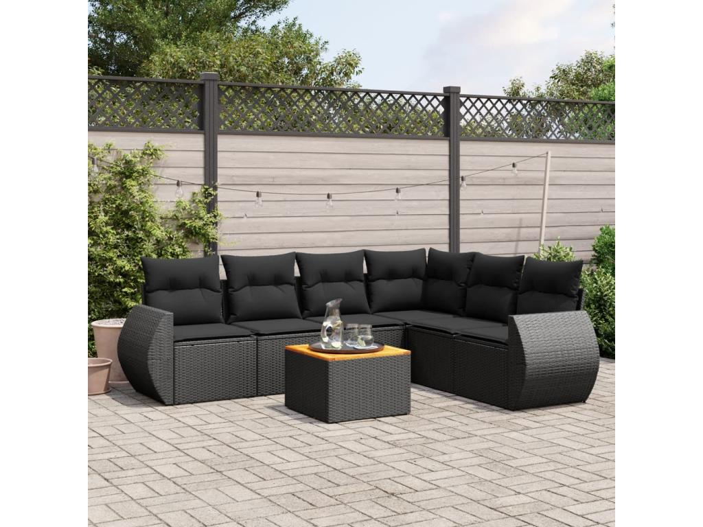 Salon de jardin 7 pcs avec coussins noir résine tressée LCGV49590