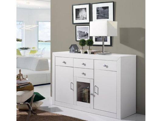 Buffet meuble de rangement en MDF et pin massif laqué blanc - Longueur 130 x Profondeur 42 x Hauteur 86 cm UEAD28589