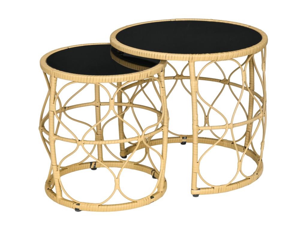 Lot de 2 tables basses gigognes de jardin résine tressée beige verre noir DEZE35641