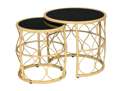 Lot de 2 tables basses gigognes de jardin résine tressée beige verre noir DEZE35641