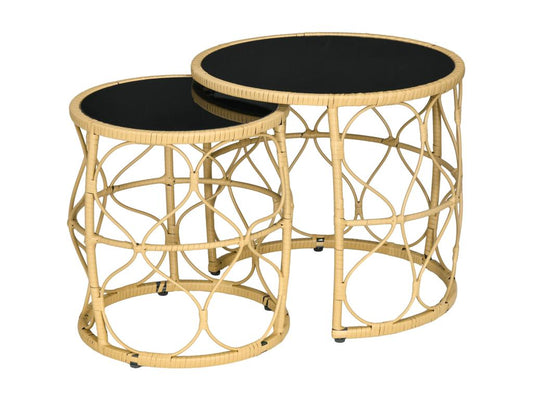 Lot de 2 tables basses gigognes de jardin résine tressée beige verre noir DEZE35641
