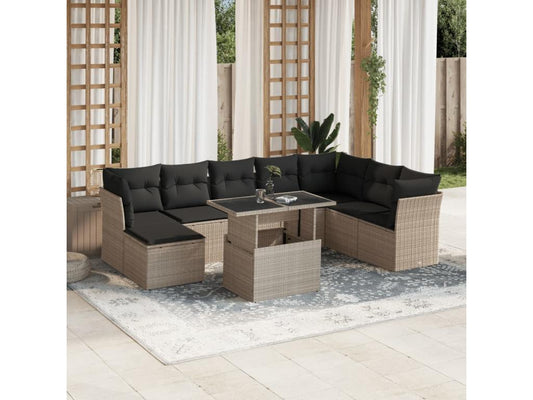 Salon de jardin 9 pièces avec coussins gris clair résine tressée LIJM86072
