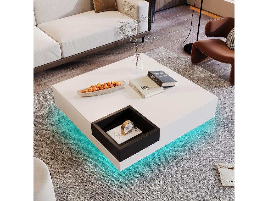 Table basse LED carrée 72x72x30 cm table de salon table d'appoint avec boîte de rangement amovible Couleuris blanc KPAM92540
