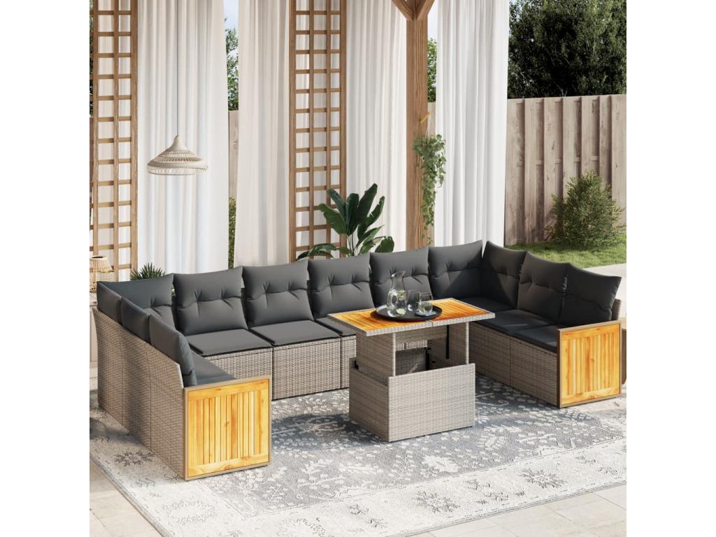 Salon de jardin 11 pcs avec coussins gris résine tressée TJSR76507