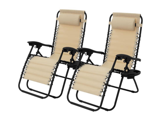 2x Chaise longue bain de soleil en acier beige avec appui-tête et porte-boisson SEVT45983