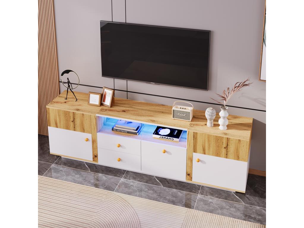 Meuble TV avec 2 portes 3 tiroirs / 2 niches - LEDs - Panneaux de particules - Chêne et blanc YRNU73469