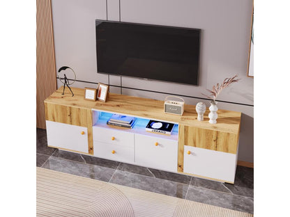 Meuble TV avec 2 portes 3 tiroirs / 2 niches - LEDs - Panneaux de particules - Chêne et blanc YRNU73469