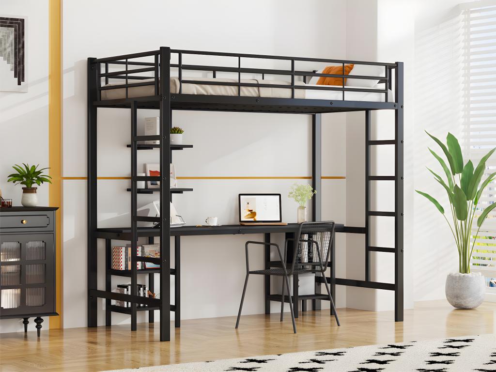 Lit mezzanine 90x200 cm - avec bureau et étagères - cadre en fer - Noir CXMO71935
