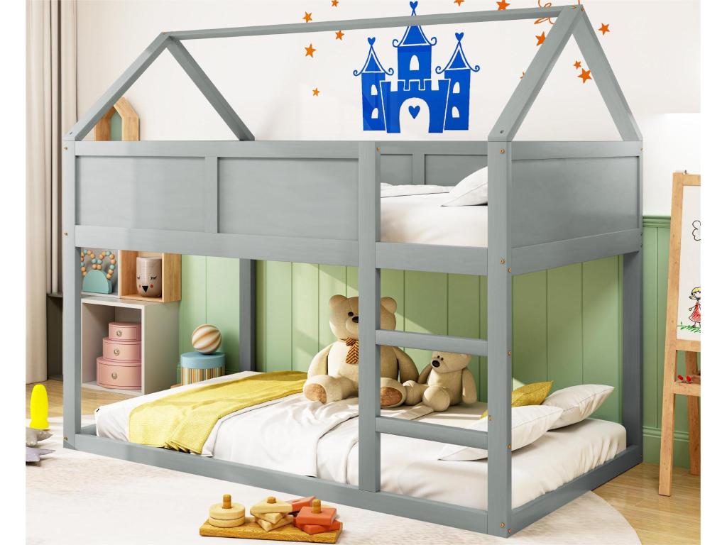 Lit superposé 90x200cm - avec escalier - structure en bois massif - Gris YYXS49708