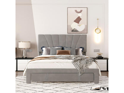 Lit double 140x200 cm avec sommier à Chicyla dossier et grands tiroirs lit tapissé en velours adapté aux adultes et adolescents - Gris BFWM50074