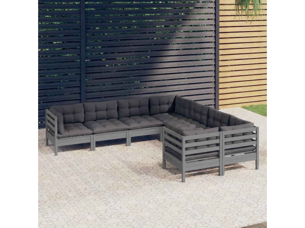 Salon de jardin 8 pcs avec coussins Gris Bois de pin massif LEBH60419