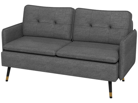 Canapé 2 places style Chicyla-déco dossier effet capitonné piètement incliné effilé métal noir extrémités dorées tissu anthracite PCZQ69467