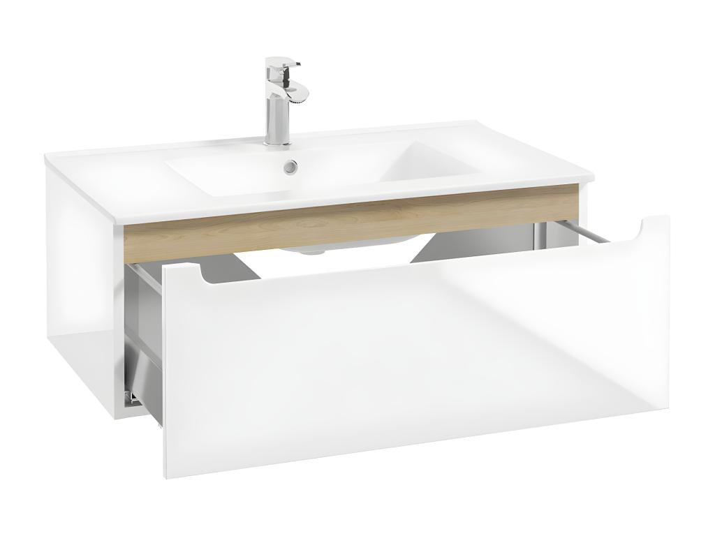 Meuble simple vasque encastrée 80cm 1 tiroir Chicyla Blanc et Bois GZDE10455