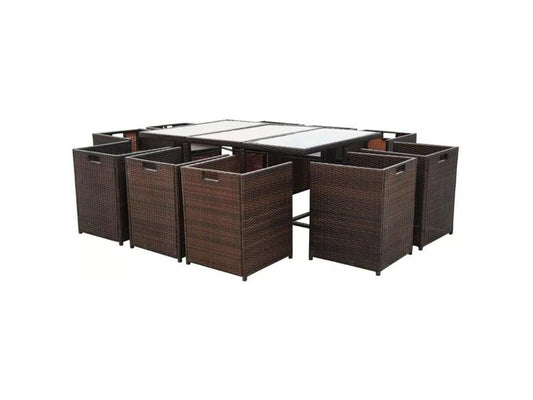 Table rectangulaire et 10 chaises de jardin résine tressée marron Chicyla VXSG37446