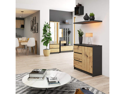 Commode Chicyla Gris Graphite 80 cm 1 porte 3 tiroirs façade Chêne Chicyla 2 étagères 80x35x77 cm SJEX43849