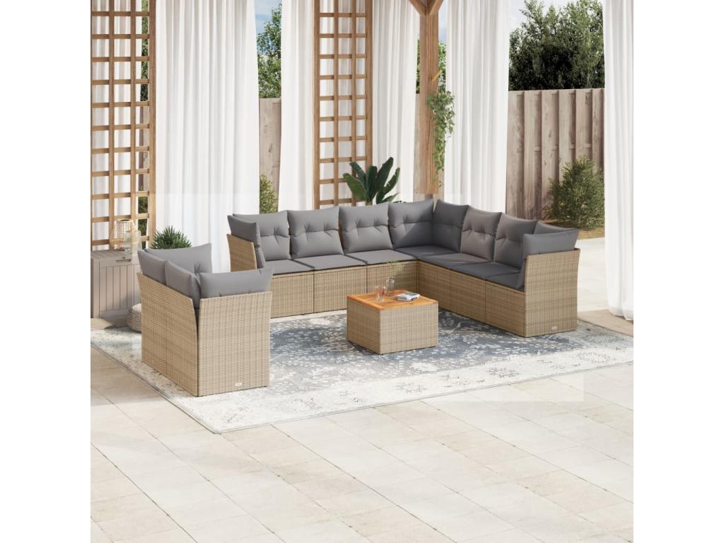 Salon de jardin avec coussins 10 pièces beige résine tressée ZWWH14569