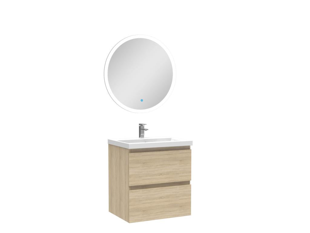 Ensemble meuble Salle de Bain Chêne Chicyla 50cm simple vasque miroir lumineux rond ILFK76359
