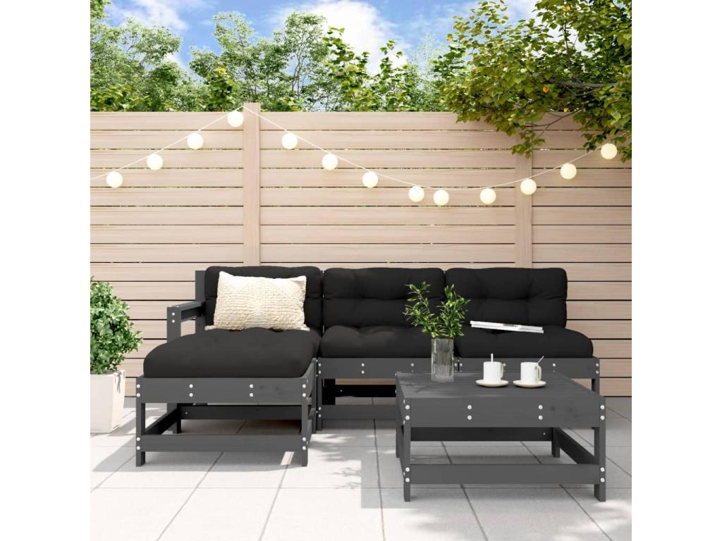 Salon de jardin 5 pcs avec coussins gris bois massif QSLY21180