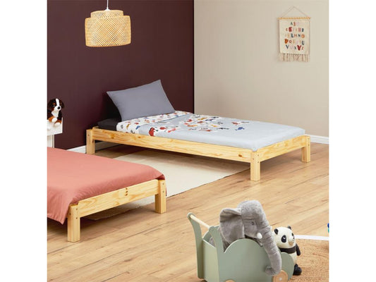 Lot de 2 lits superposables Meublori 90x200 cm lits simples 1 place couchage d'appoint en pin massif vernis naturel