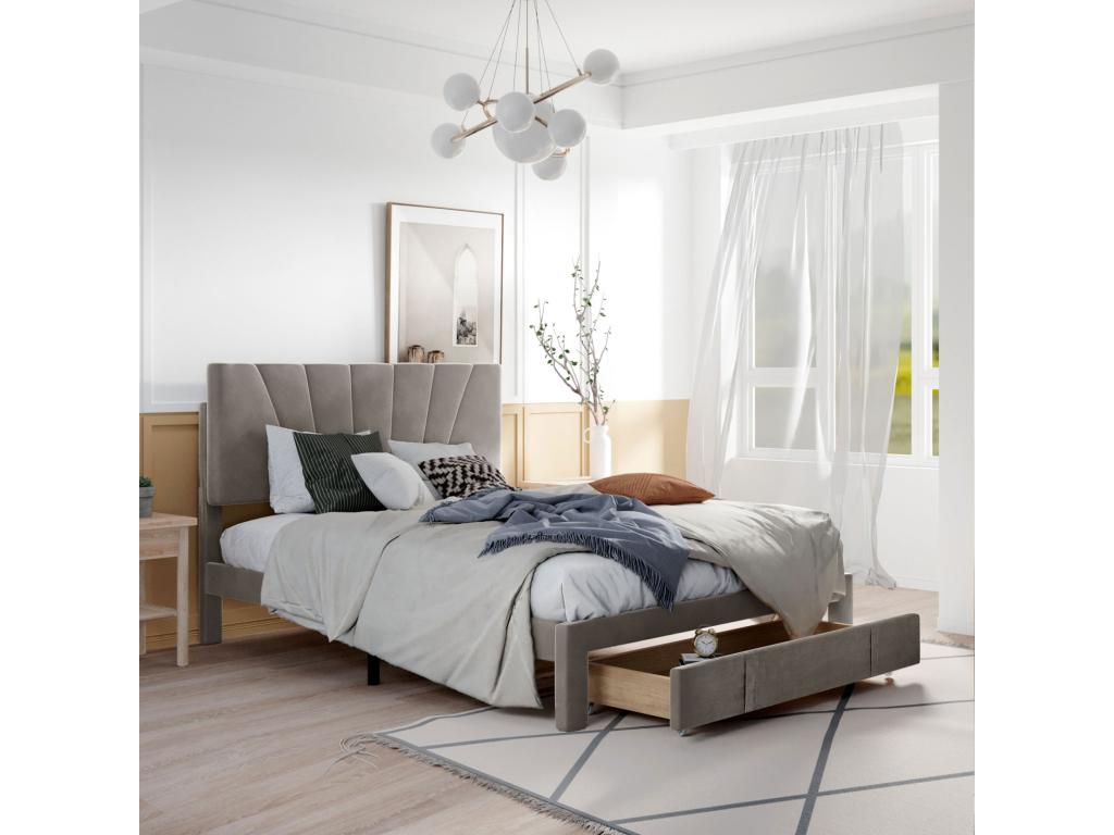 Lit double 140x200 cm avec sommier à Chicyla dossier et grands tiroirs lit tapissé en velours adapté aux adultes et adolescents - Gris BFWM50074