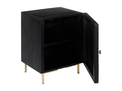 Chevet 1 porte en bois gravé noir et métal doré - Meublori