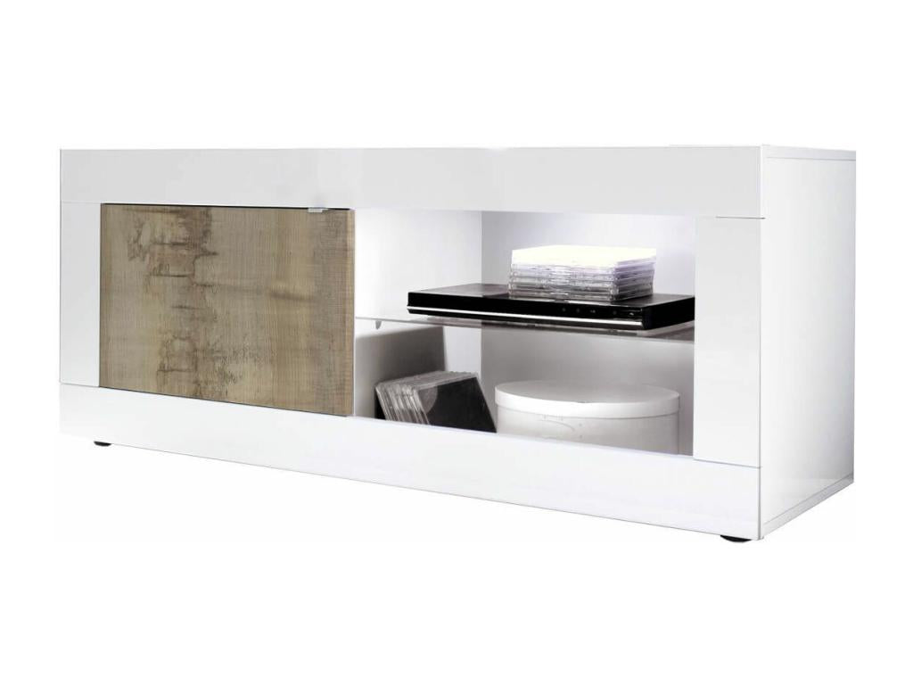 Chicyla - Meuble TV 1 Portes 2 Niches Blanc Laqué et Aspect Bois Chicyla avec Leds FMJX05797
