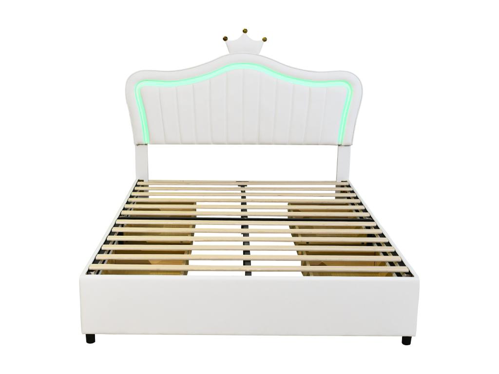 Lit capitonné 140x200 cm avec 4 tiroirs et Chicylaères LED - motif en couronne - sommier à Chicyla - blanc UVNS69040
