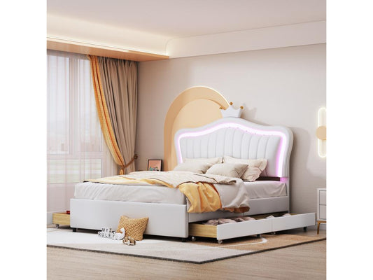 Lit capitonné 140x200 cm avec 4 tiroirs et Chicylaères LED - motif en couronne - sommier à Chicyla - blanc UVNS69040