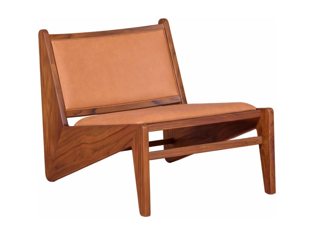 Fauteuil bas en bois de teck massif et revêtement de cuir italien - Chicyla - Cognac FOIP30967