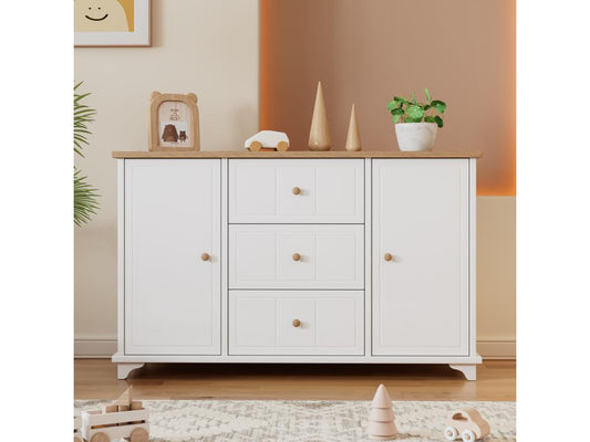 Buffet 140x45x84cm avec 3 tiroirs et 2 portes avec poignée pour le séjour et la chambre MDF aggloméré blanc naturel RXLC66475