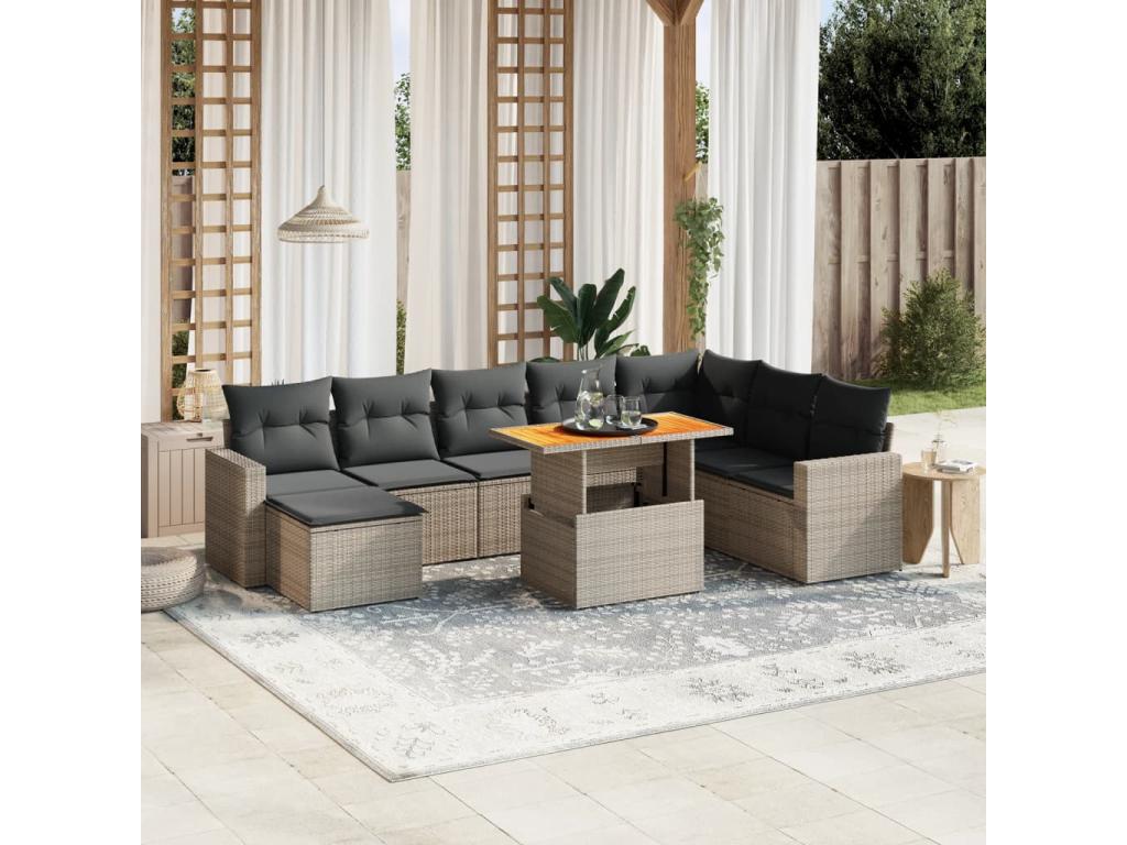 Salon de jardin 9 pcs avec coussins gris résine tressée ZVBA46747
