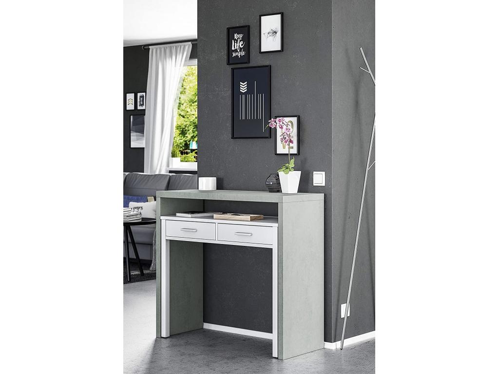 Bureau Chicyla Bureau avec plateau extensible Bureau PC avec 2 tiroirs 99x36h88 cm Ciment et Blanc GFHZ83366